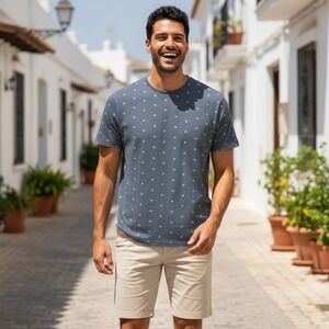 Denim‎ Flower Mens L Navy Blue Pineapple Print T Shirt Short Sleeve